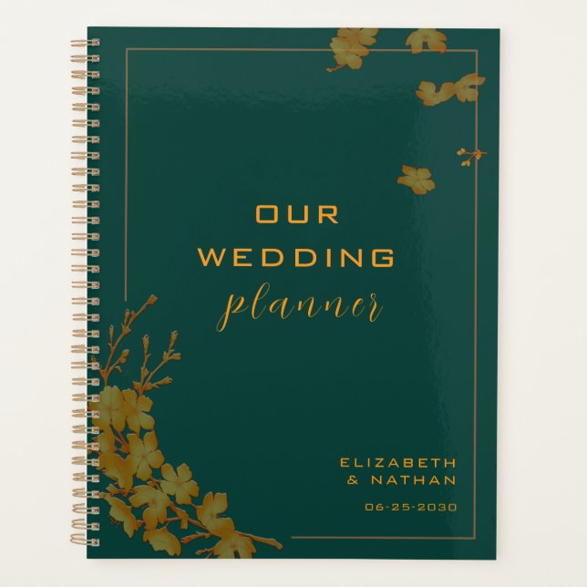 Agenda Elegante Emerald Green e Dourado Casamento Floral (Frente)