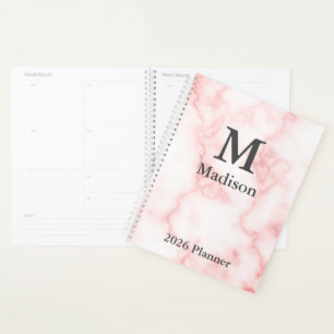 Agenda Elegante Faux Pink Marble Cinza Monograma Nome 202