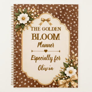 Agenda Elegante Floral de Camurça Marrom Dourado Nome Per