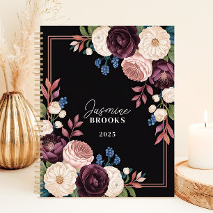 Agenda Elegante Floral Preto e Ameixa com Nome Personaliz