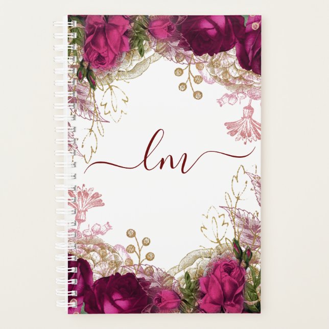 Agenda Elegante Fuchsia Dourada Rosa Floral Inicial (Frente)