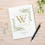 Agenda Elegante Greenery Monograma Nome 2023<br><div class="desc">Planificador Elegante de cor aquosa verde com nome de monograma 2023,  com uma inicial de monograma de ouro. Projetado por Thisnotme©</div>