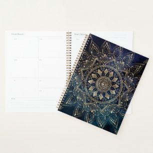 Agenda Elegante Mandala Dourada Galáxia Azul