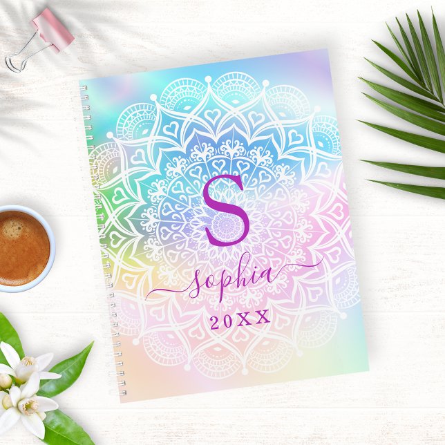 Agenda Elegante Mandala Iridescente Personalizado Holográ (Criador carregado)