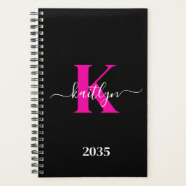 Agenda Elegante Monograma de Letra Cursiva Preta e Rosa