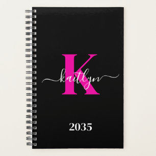 Agenda Elegante Monograma de Letra Cursiva Preta e Rosa