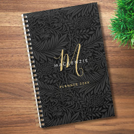 Agenda Elegante Monograma Dourado Preto Floral 2026