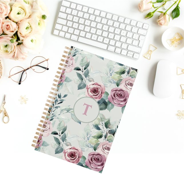 Agenda Elegante Monograma Dusty Rosa Vintage Floral (Criador carregado)