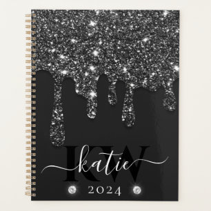 Agenda Elegante Monograma Preto com Brilho Caindo