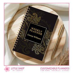 Agenda Elegante Paisley Preto Dourado Personalizável