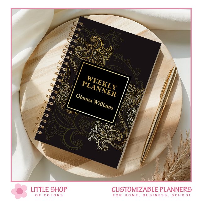Agenda Elegante preto Dourado personalizável (Criador carregado)