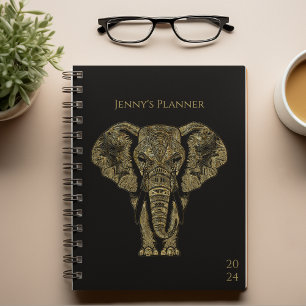 Agenda Elegante Preto e Elefante Dourado Semanal Pessoal