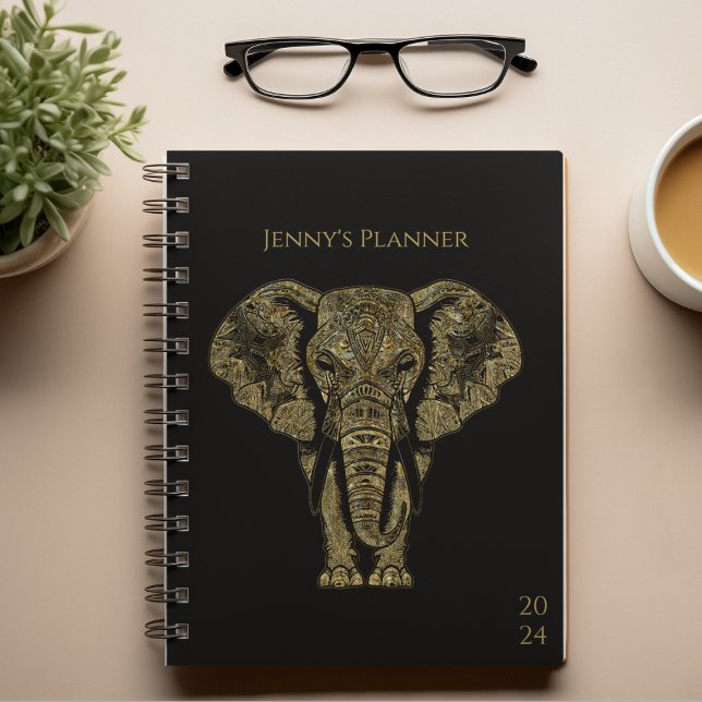 Agenda Elegante Preto e Elefante Dourado Semanal Pessoal (Criador carregado)
