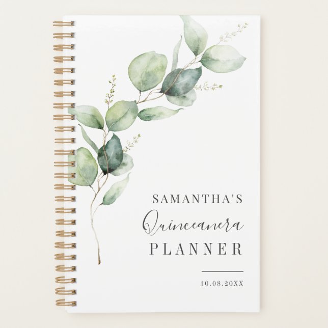 Agenda Elegante Quinceanera Greenery 15 Birthday (Frente)