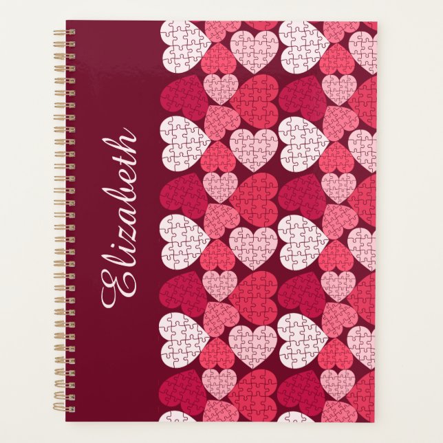 Agenda Elegante Red Pink Quebra-cabeça Heart Pattern Name (Frente)