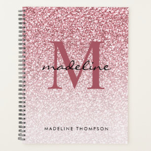 Agenda Elegante Rosa Dourado Glitter Girly Monograma