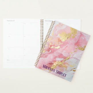 Agenda Elegante Rosa & Dourado Pintura Nome Roxo