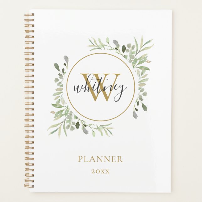Agenda Elegante Rótulo Folhagem Monograma Dourado 2023 (Frente)