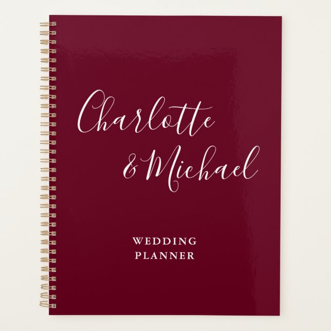Agenda Elegante Script de Assinatura Casamento Borgonha (Frente)