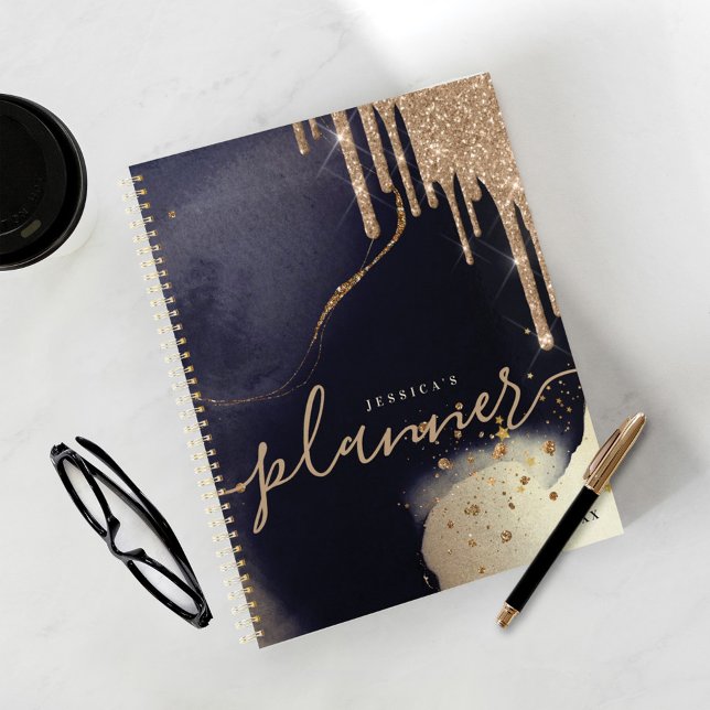 Agenda Elegante Script Dourado Glitter Drives Marinho Wat (Criador carregado)