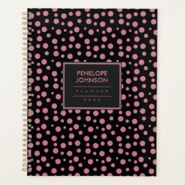 Agenda Elegante Tom de Rosa Preto Padrão de Bolinhas