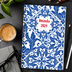 Agenda Elegante vintage damask marinho Monograma amarelo