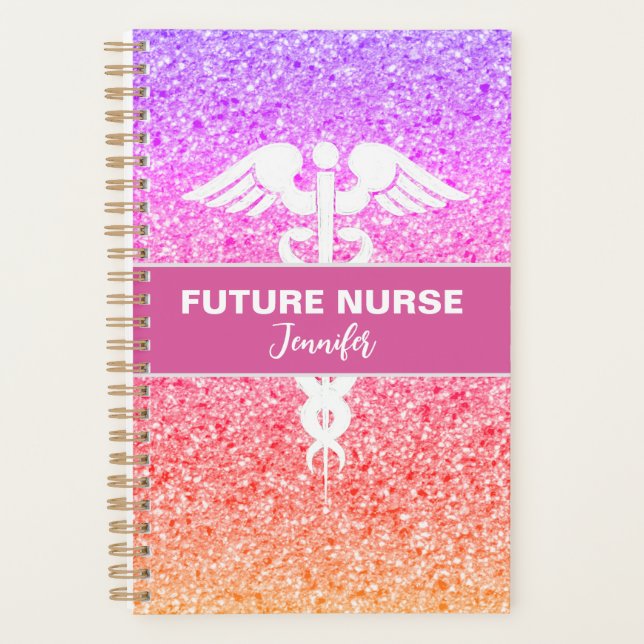 Agenda Enfermagem do aluno Caduceus Rainbow Glitter Name (Frente)