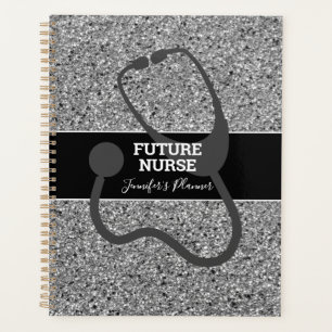 Agenda Enfermeira Futura Negra Silver Glitter Stethoscope