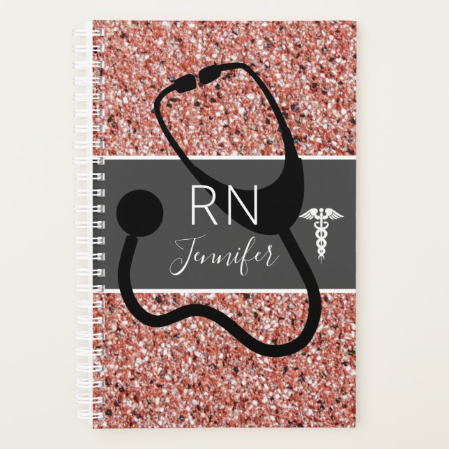 Agenda Enfermeira RN Stethoscope Rosa Rosa Dourada Nome d (Frente)