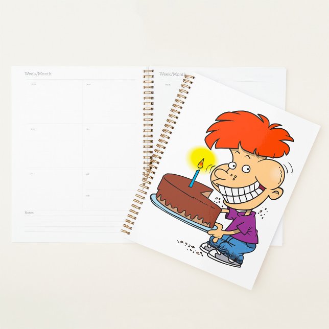 Agenda Engraçado Cartoon Boy com Bolo de Aniversário de C (Criador carregado)