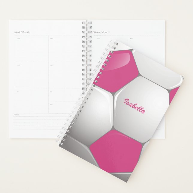 Agenda Esfera de Futebol Personalizável, Rosa e Branco (Exibição)
