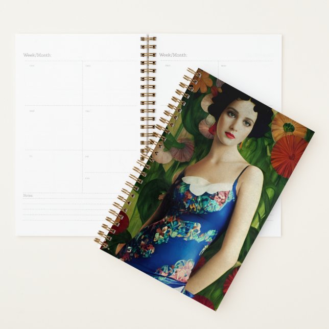 Agenda Estilo Deco Elegante Mulher com Flores Grandes (Exibição)