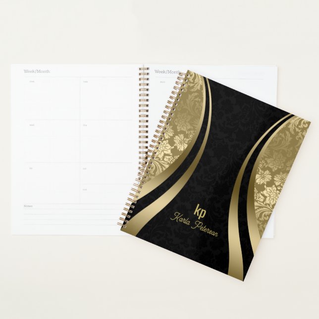 Agenda Estirpe Dinâmica Elegante Preto E Dourado Damasco (Exibição)