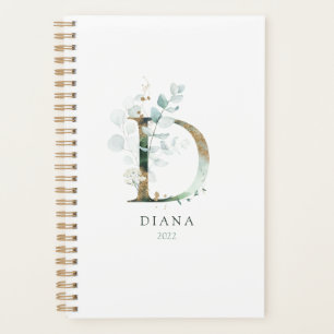Agenda Eucalyptus Dourado Monograma Inicial D Verde Flora
