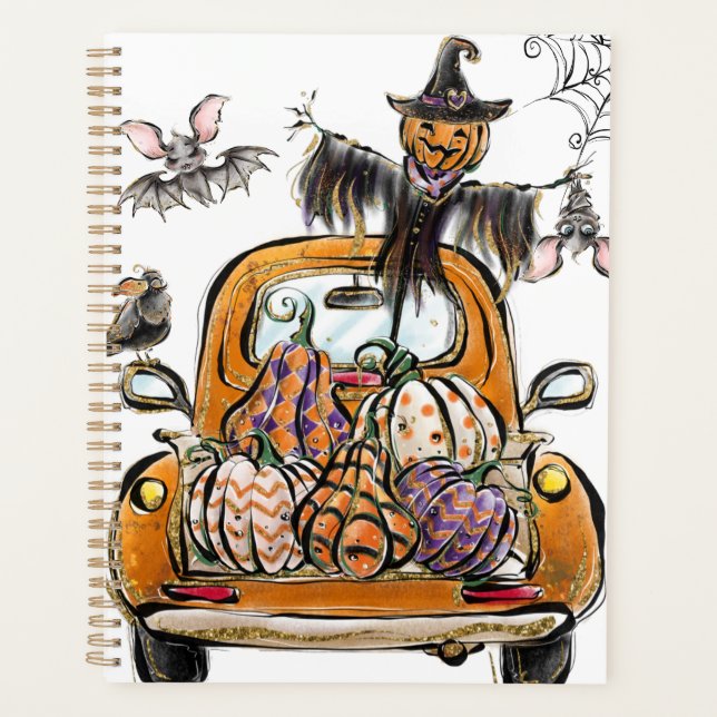 Agenda Fall Pumpkin Patch Truck with bats scarecrow bird  (Frente)