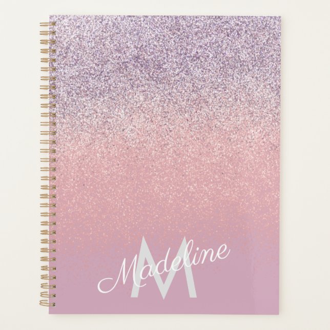 Agenda Falso Brilho Monogramado Rosa e Roxo Espelhado  (Frente)