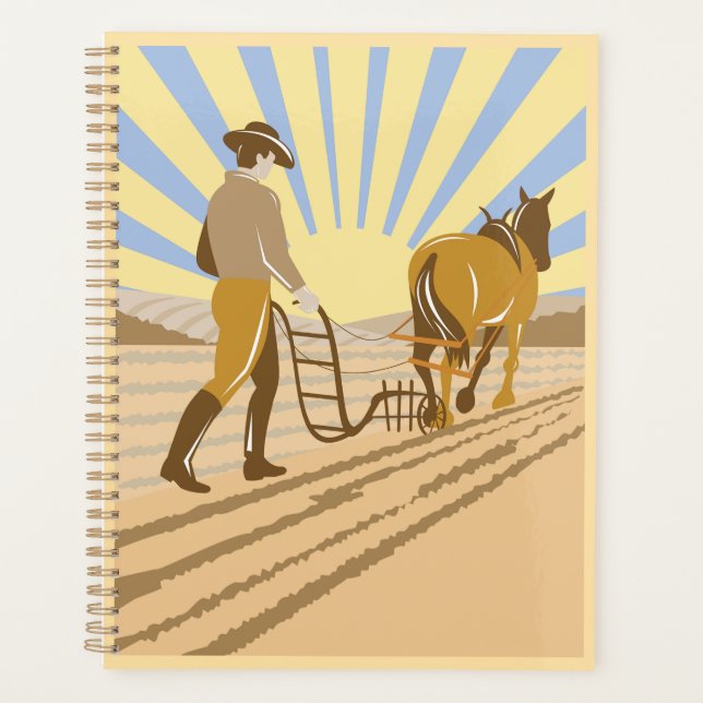 Agenda Farmer and Horse Plowing Field Retro Sunrise (Frente)