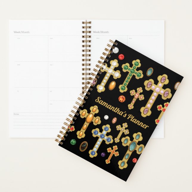 Agenda Faux Birthstone Croses and Loose Gems on Black (Exibição)