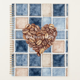 Agenda Faux Blue Denim Cream First Coffee Beans Heart