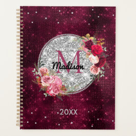 Agenda Faux Chic Silver Glitter Burgundy Monograma floral