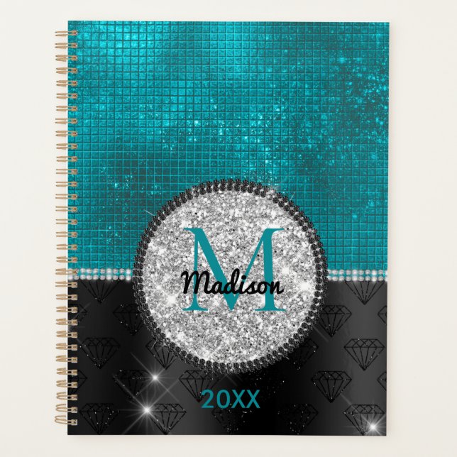 Agenda Faux Chic Silver Glitter Turquoise Monograma preto (Frente)