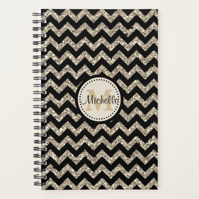 Agenda Faux Glitter Chevron Dourado Monograma (Frente)