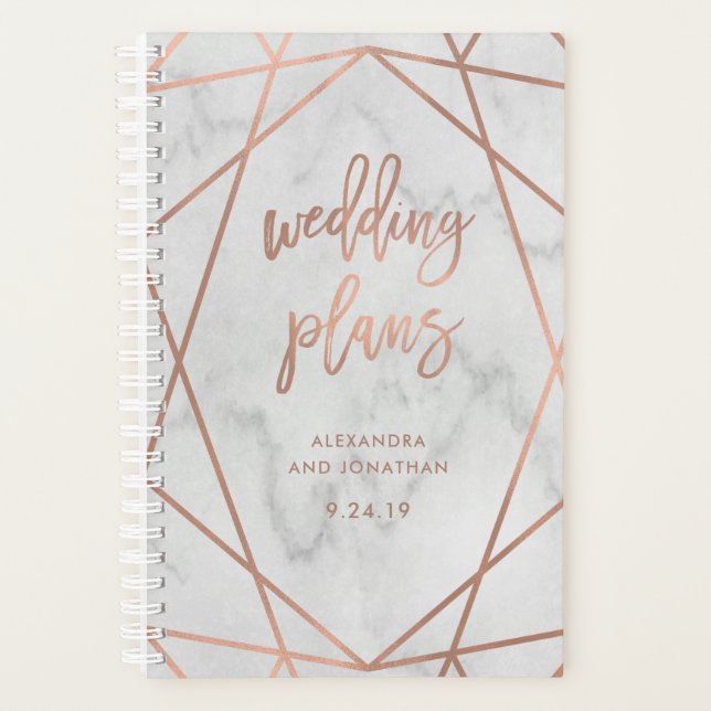 Agenda Faux Rosa Dourado Geométrico | Marble Wedding Plan (Frente)
