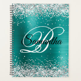 Agenda Faux Shiny Silver Glitter Aqua Teal Foil Monograma