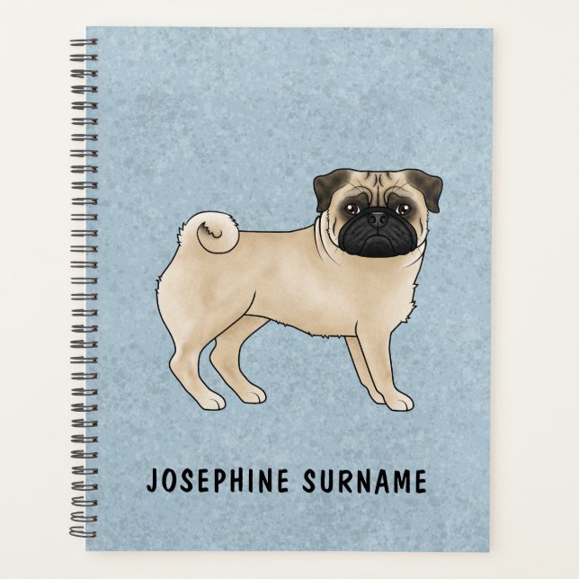 Agenda Fawn Pug Canine Cãozinho Cartoon Illustração Azul (Frente)
