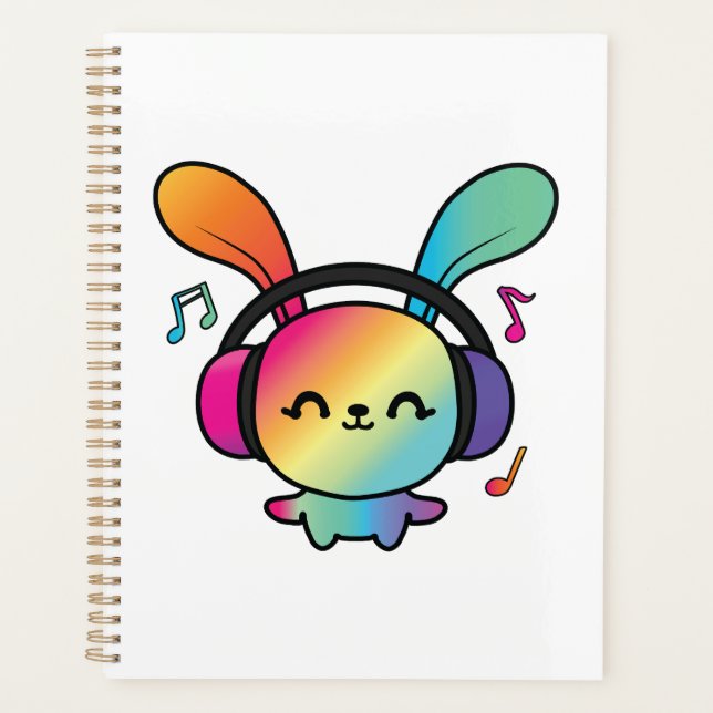 Agenda Feliz Bunny com fones de ouvido ouvindo música. (Frente)