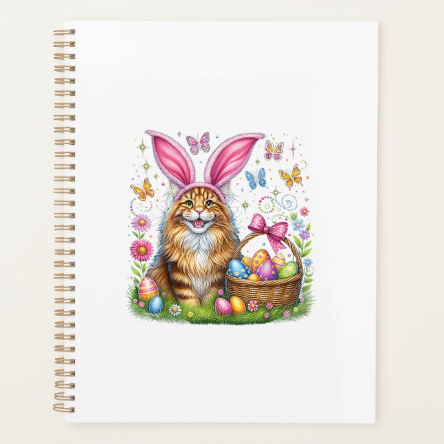 Agenda Feliz Páscoa Coelho Fofo Gato Maine Coon Ovos de P (Frente)