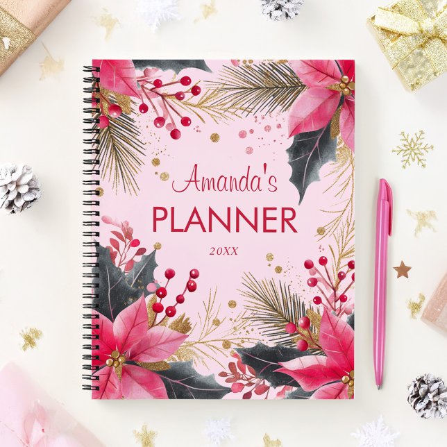 Agenda Feriado de Natal elegante e elegante, rosa (Pink Cute Girly Elegant Christmas Holiday Planner)