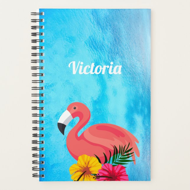 Agenda Flamingo e Flor Rosa Tropicais | Monograma (Frente)