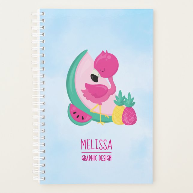 Agenda Flamingo rosa com melancia e abacaxi (Frente)